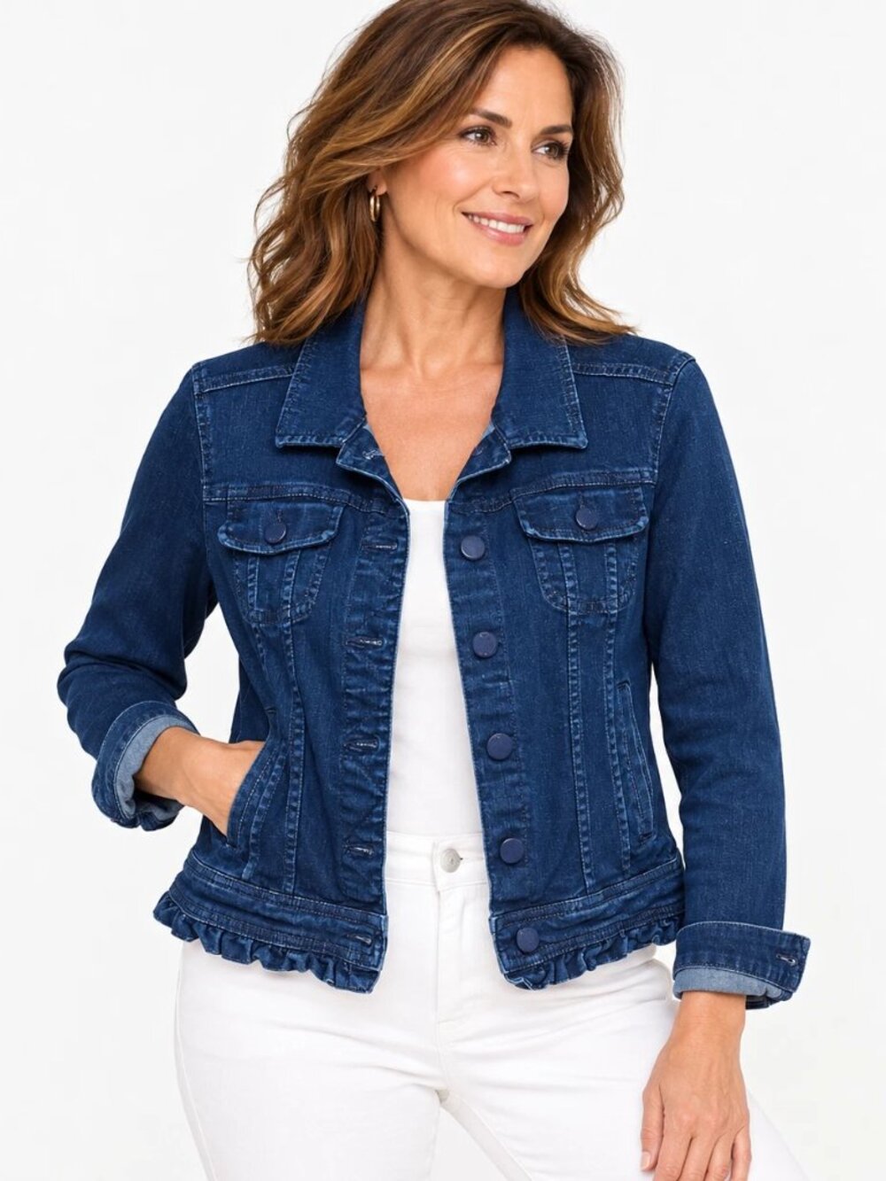 ELLE Womens Dark Wash Denim Jacket Stretch Feminine Ruffle Hem Button Front Sz M
